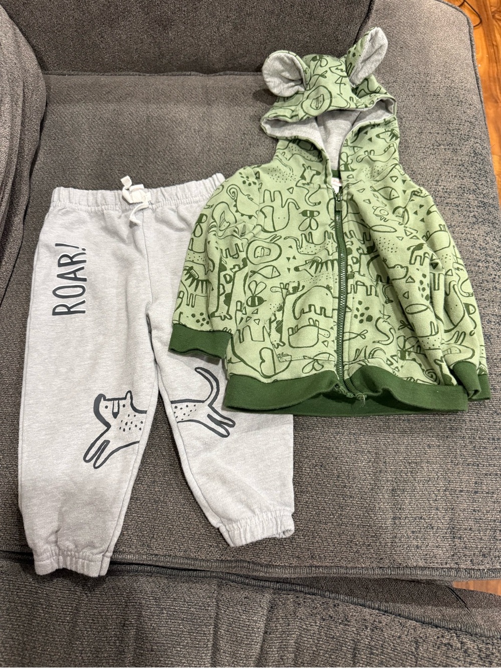 Cat & Jack Green Animal Doodle Zip Hoodie with Light Gray 'ROAR' Joggers